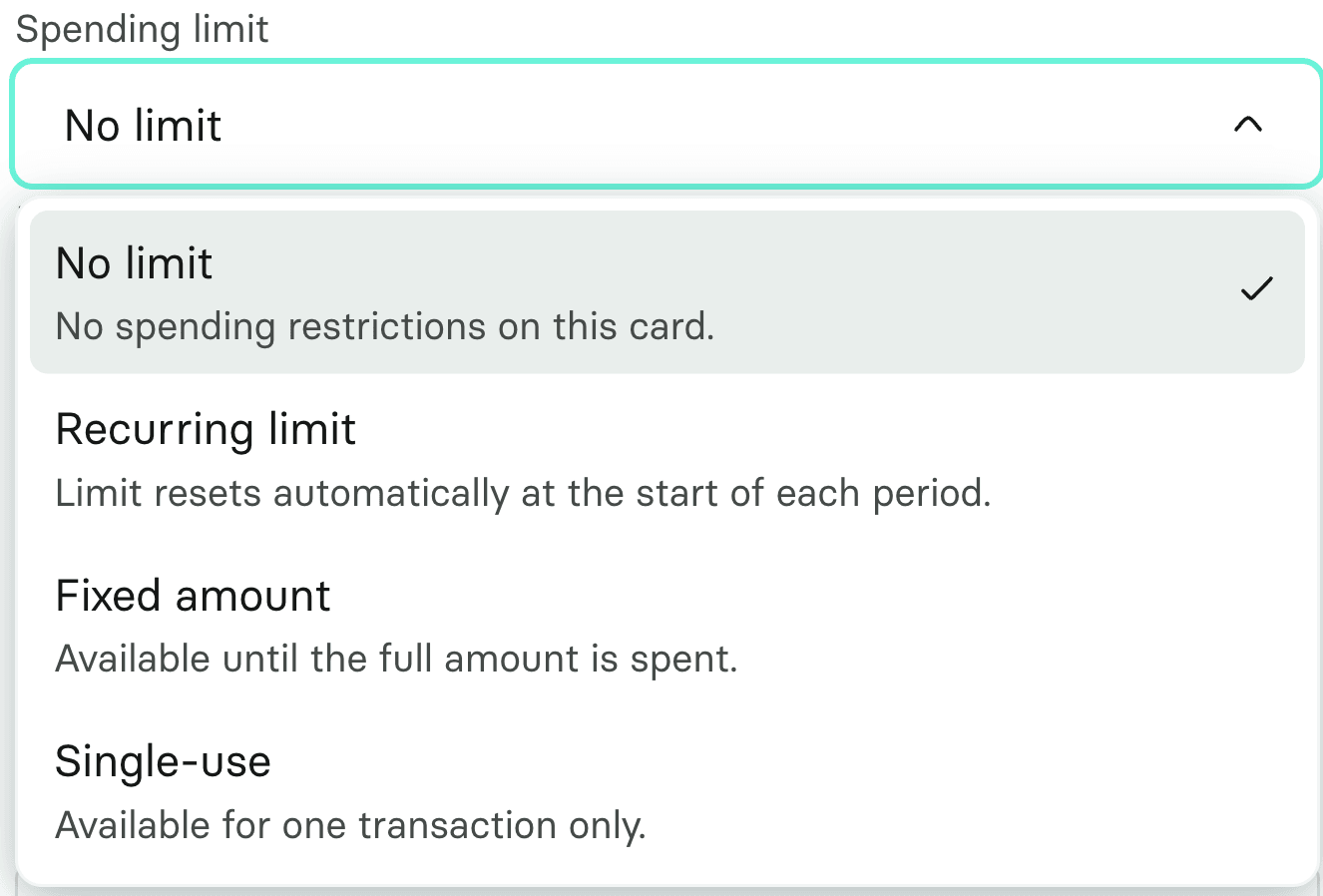 The spending limit dropdown showing no limit, recurring limit, fixed amount and single-use options