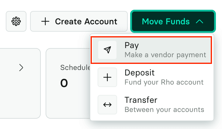 The Move Funds menu open with Pay highlighted, alongside Deposit and Transfer