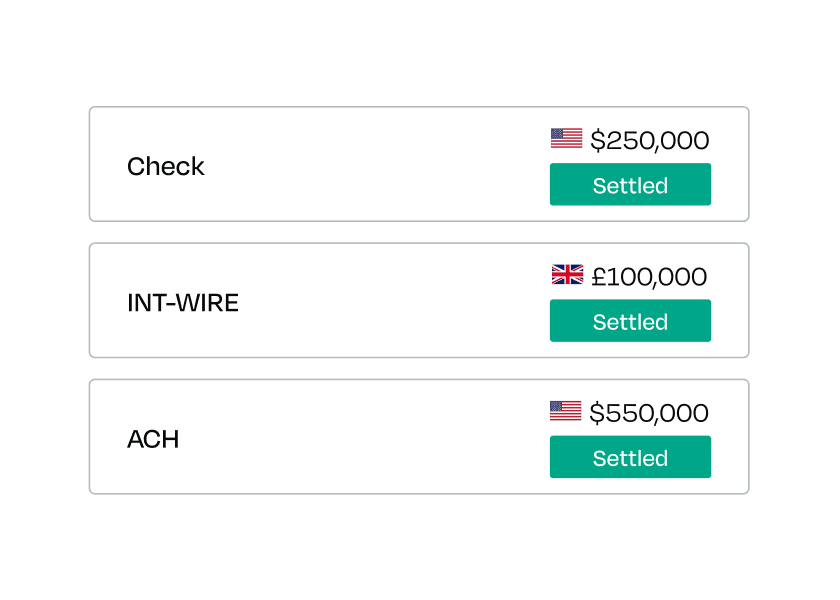 Three transaction entries: Check $250,000, INT-WIRE £100,000, ACH $550,000. All marked "Settled" with US and UK flags.