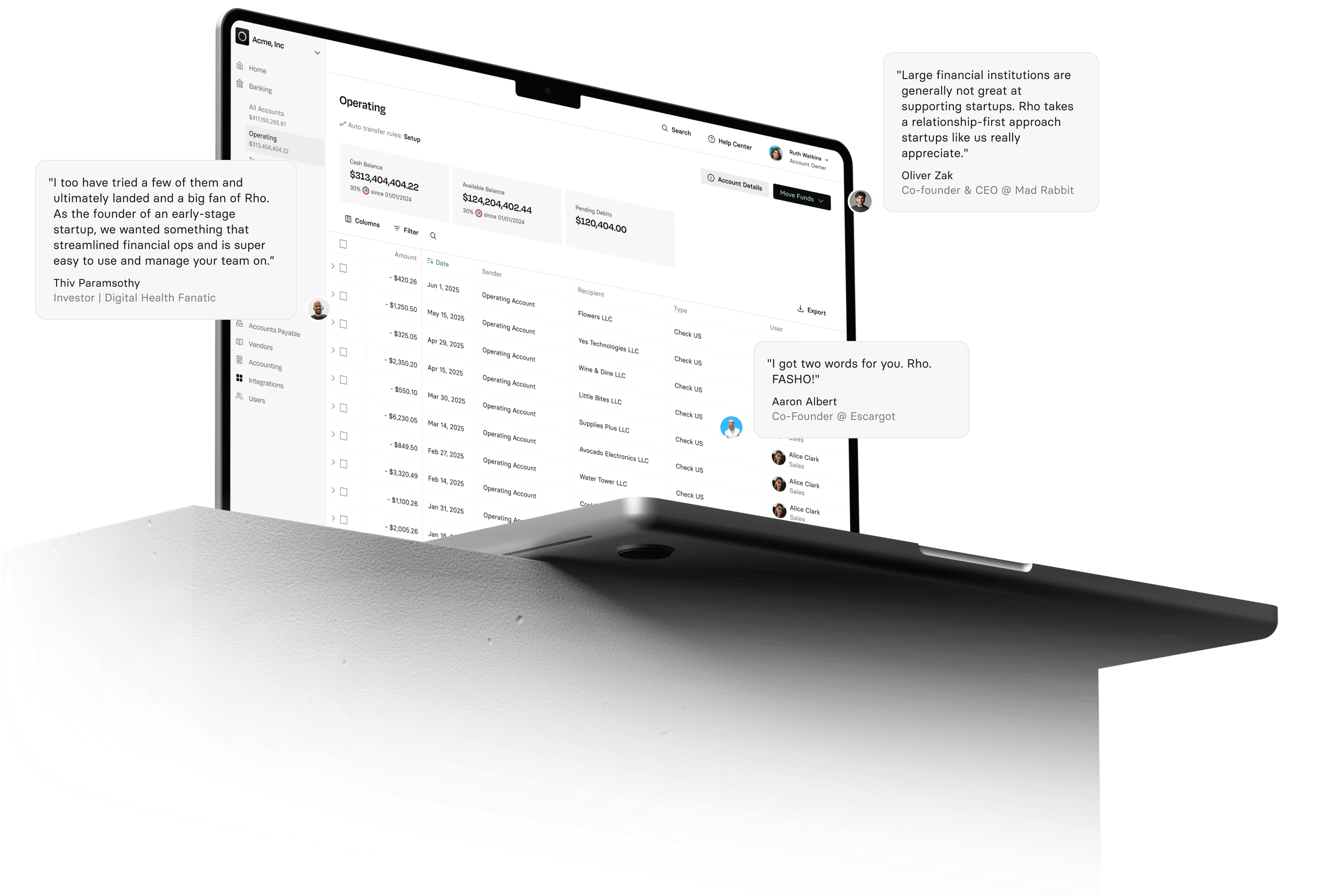 A computer screen displaying a financial management dashboard with user testimonials in speech bubbles.